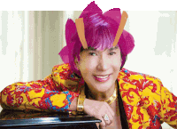 a woman with purple hair and a yellow jacket has a bracelet with the letter g on it