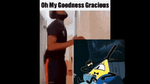 a man is standing in a hallway next to a picture of a cartoon character eating popcorn .