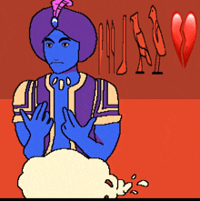 a pixel art drawing of a blue genie with a broken heart in the background
