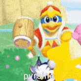 a pixel art of a cartoon character holding a barrel with the word pyraine written below it .