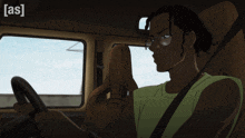 a cartoon of a man driving a car with the word [ as ] on the bottom left