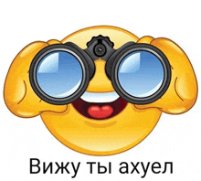 a cartoon smiley face wearing binoculars with a foreign language caption below it