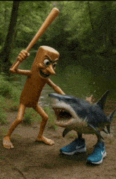 a cartoon shark is being attacked by a totem pole