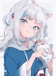 a girl with white hair and blue eyes is holding a stuffed animal