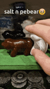 a person is holding a bear figurine with the words salt n pebear written above it