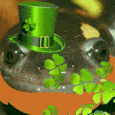 a frog wearing a green top hat with a shamrock on it