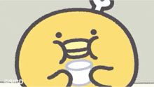 a cartoon drawing of a duck with a cup in its mouth and a question mark above its head