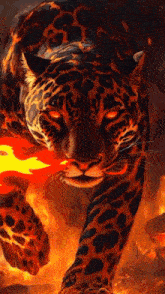 a painting of a leopard holding a torch in its mouth