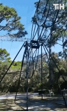 a ferris wheel in a park with the letters th on the bottom right