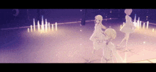 three anime girls are dancing on a stage in white dresses