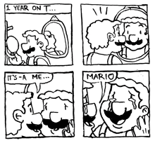 a black and white drawing of mario looking at himself in the mirror