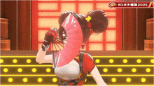 a woman in a red dress is holding a fan in front of a sign that says 2025 on it