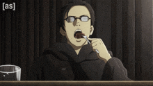 a man wearing glasses is sitting at a table with a glass of water in front of him and the words [ as ] above him