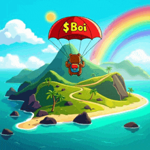 a cartoon illustration of a teddy bear flying through the air with a parachute that says $ boi
