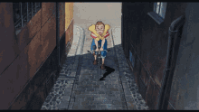 a person is flying through a narrow alleyway between two buildings
