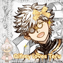 a picture of a boy with a bow on his head and the words qifrey loves teru on the bottom