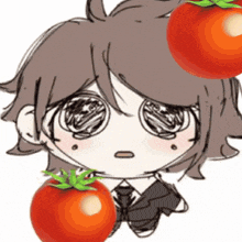 a drawing of a person with tomatoes on their head