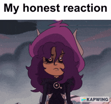 a cartoon of a girl with purple hair and horns says " my honest reaction "