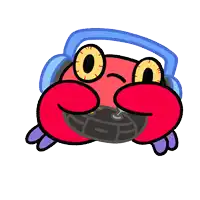a crab wearing headphones is holding a controller