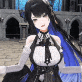 a girl with long black hair is wearing a white shirt
