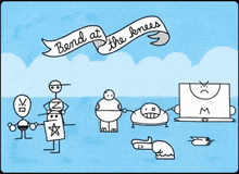 a cartoon with a banner that says bend at the knees on it
