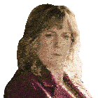 a woman with a serious look on her face wearing a purple coat