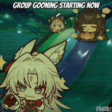 a group gooning starting now poster with a fox and two girls
