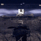 a man in a video game with a picture of a man and the word true on the screen