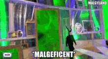 a man in a maleficent costume is standing in front of a green mirror