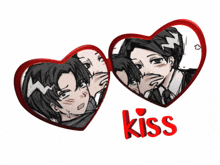 a couple of heart shaped frames with the word kiss on the bottom
