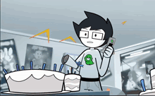 a cartoon character with the letter g on his shirt is holding a cell phone