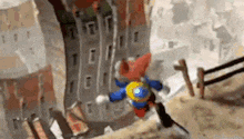 a cartoon character is flying through the air in front of a building in a video game .