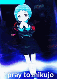 a picture of a girl with the words " i pray to mikujo " on the bottom