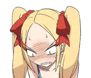 a cartoon girl with blonde hair and red bows on her hair is making a funny face .
