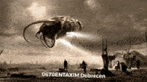 a black and white photo of a flying object with the words 0670entaxim debrecen written below it