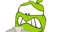 a green cartoon character is holding a bunch of papers
