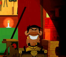 a cartoon of a man with a mustache sitting on a box with a candle in the background