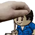 a cartoon man in a blue shirt is being touched by a person 's hand .