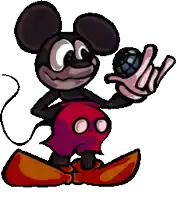 a cartoon mickey mouse is holding a microphone and wearing gloves .