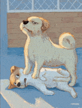 a painting of two dogs with runway written on the bottom