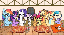 a group of ponies are gathered around a table with pizzas and cans of mountain dew