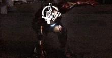 a picture of a man in a red suit with a logo that says fly ryce