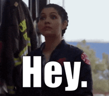 a woman in a firefighter 's uniform is standing next to a fire truck and says hey .