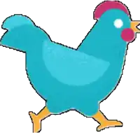 a blue chicken with a pink comb is walking on a white background
