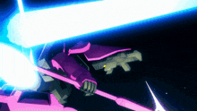 a purple robot is flying through space with a blue light behind it