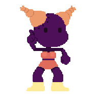 a pixel art drawing of a purple cartoon character with horns