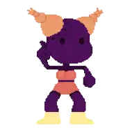 a pixel art drawing of a purple cartoon character with horns