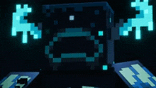 a close up of a minecraft mob with glowing eyes and wings in the dark .