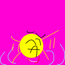 a drawing of a yellow ball with a face on it on a pink background