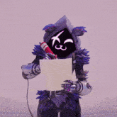 a video game character with a purple hood and a purple face has the number 3 on his face